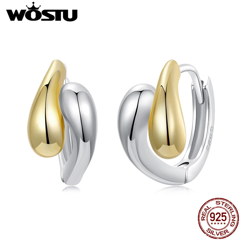 

WOSTU 925 Sterling Silver Simple Two tone Water drop Hoop Earrings For Women Yellow Gold Geometry Ear Burckles Wedding Jewelry