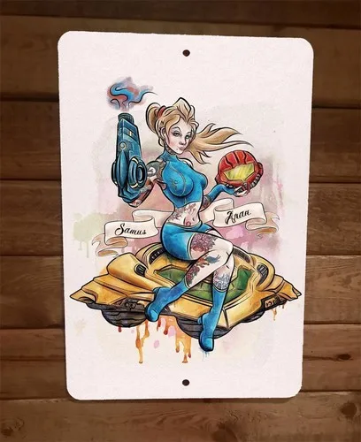 Placa de Metal Decorativa Samus Aran Pinup Art Video Game
