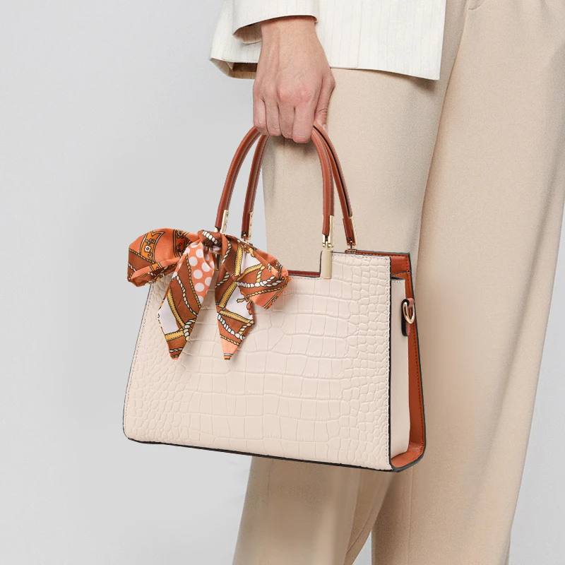 

Croc - Embossed Leather Tote: Scarf Decoration & Dual - Use Straps