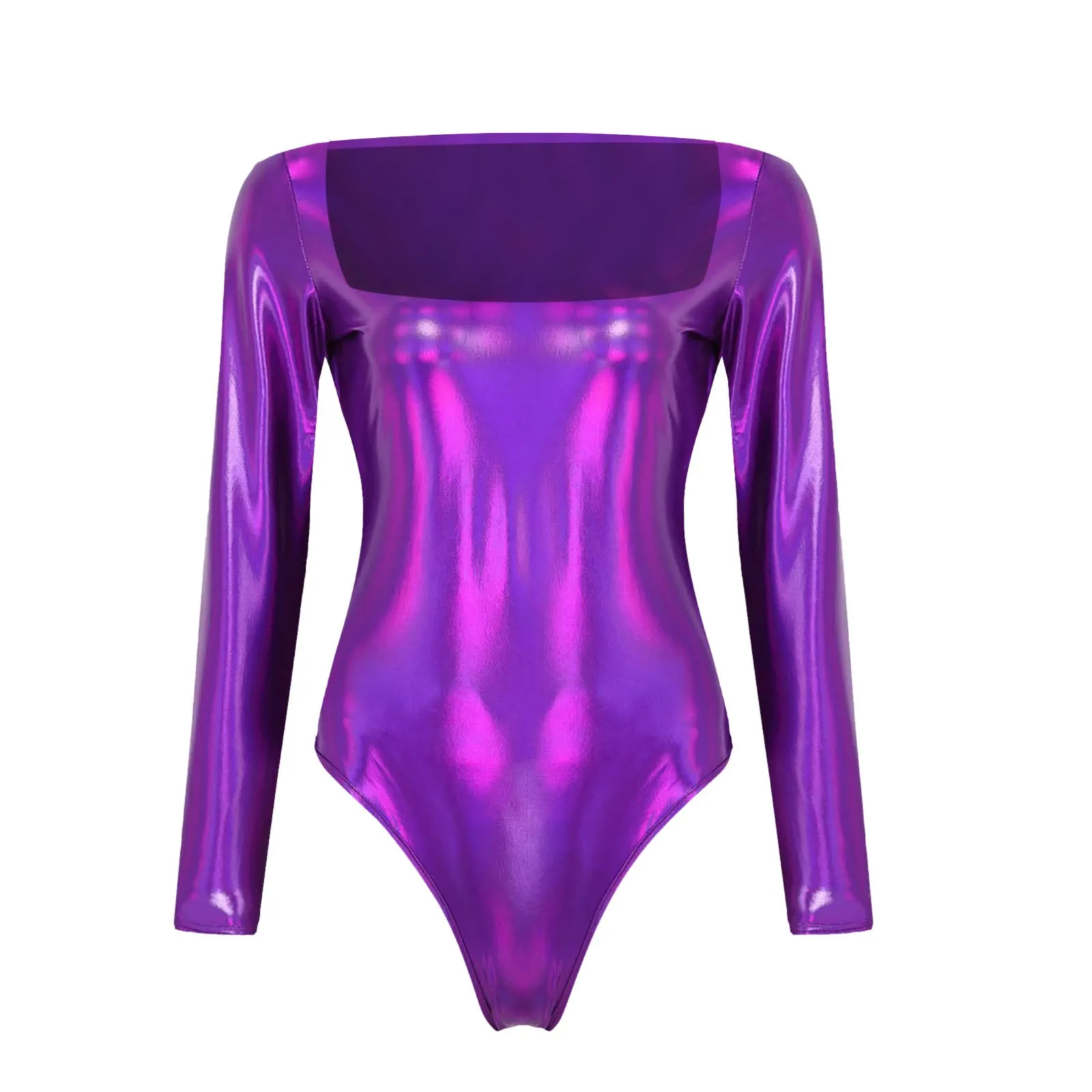 Macacão esportivo metálico brilhante feminino, shorts de peça única, manga comprida, gola quadrada, bodysuit feminino de ioga, macacões de fitness feminino