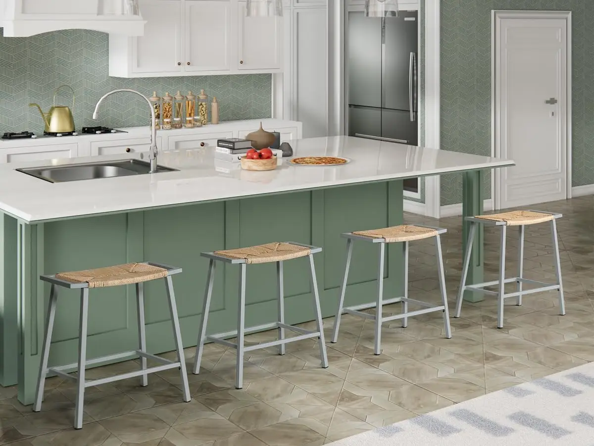 Wicker Bar Stools Set of 2, Backless Saddle, Counter Height, Kitchen, 26"