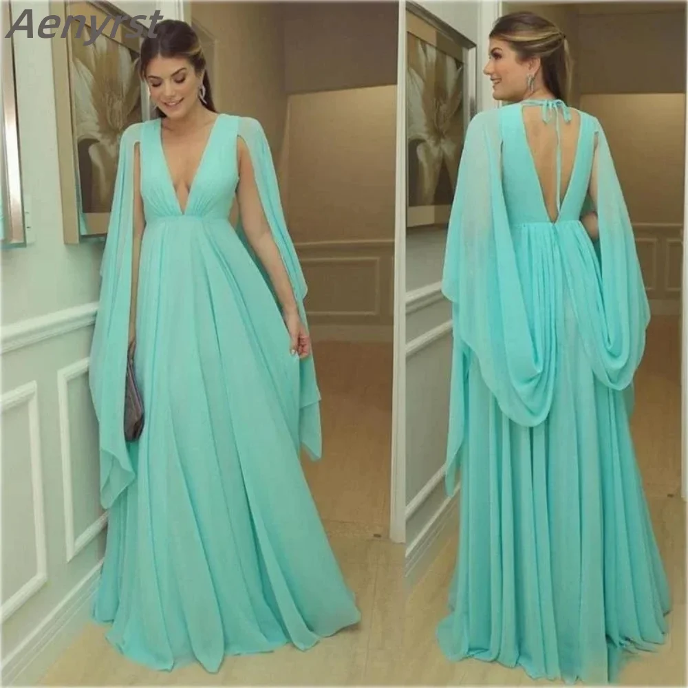 

Sexy Long Evening Dress Deep V-Neck Backless Cap Sleeves Prom Gowns Dubai Arabic Chiffon Ruched Formal Party Dresses Plus Size