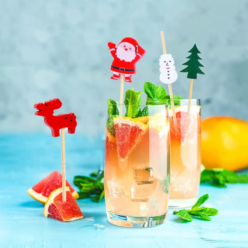 4Packs Christmas Bamboo Skewers Disposable Food Dessert Toothpicks Fruit Salad Fork New Year Party Decoration Supplies