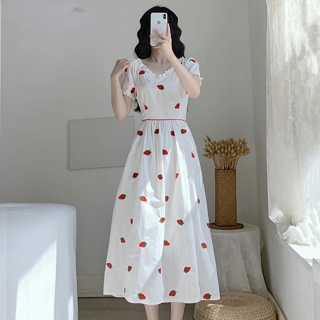 Summer Women White Cute Midi Dress Chic V Neck Sweet Embroidery Strawberry  Dress Short Sleeve Girl Cotton Elegant Party Dresses - Dresses - AliExpress