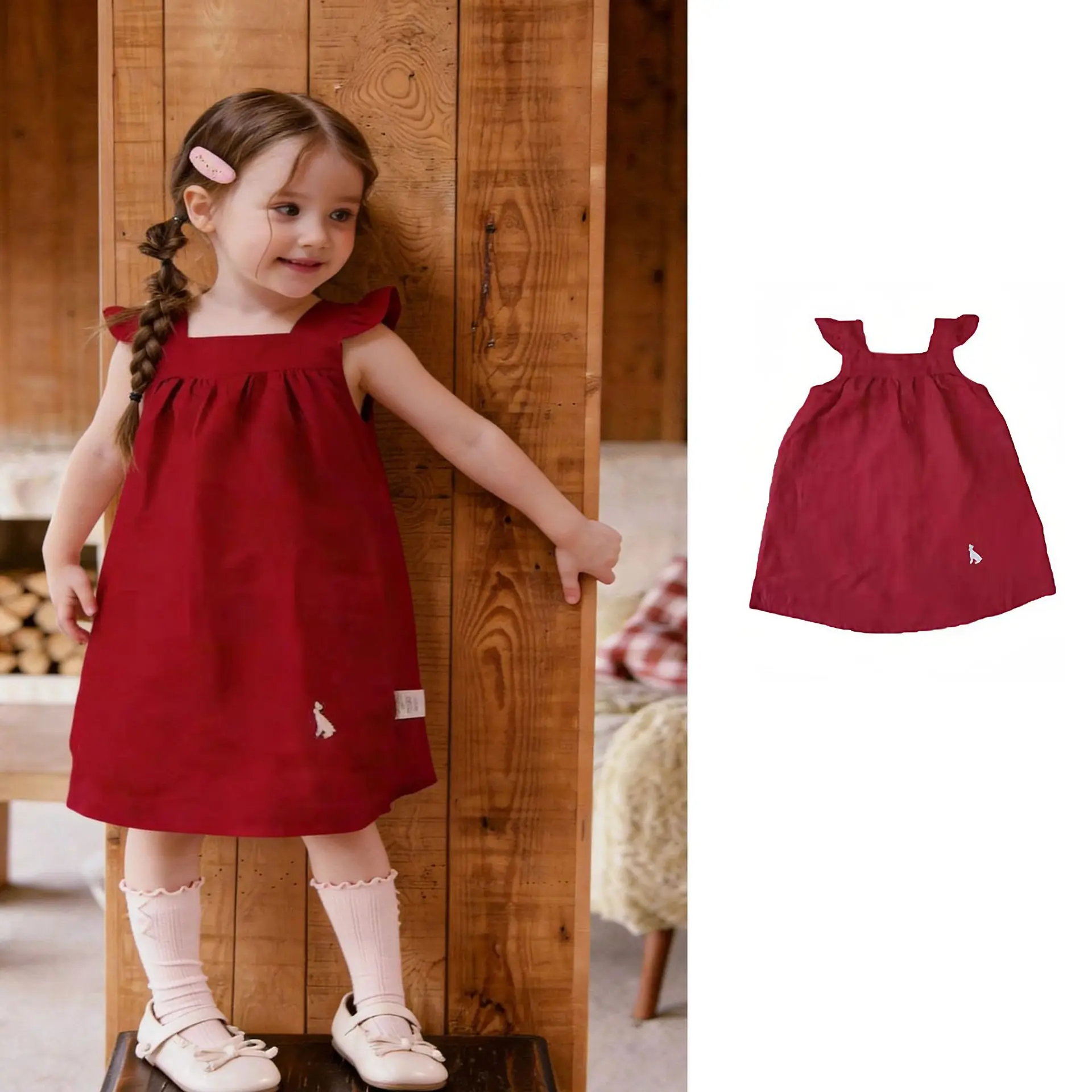 

2026 Baby Girls Dress Wine Red Cotton Linen Ruffle Sleeve A-Line Sundress with Embroidery
