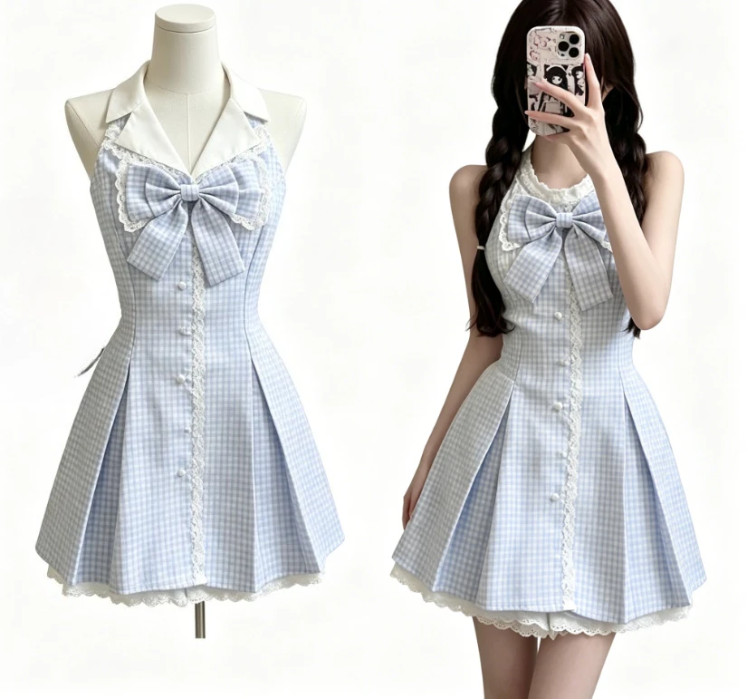 

Korean Fashion Sweet Dress Women Blue Slim Fit Bow Sleeveless Gingham Mini Dress Summer New Casual Kawaii Chic Elegant Outfits