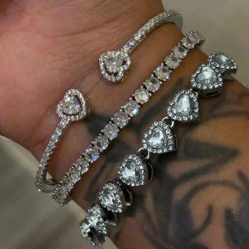 Yupsk Hip Hop Fashion Geometric Heart-shaped Rhinestones Tennis Bracelet Set for Women Men Punk Street Trend Stacking Jewelry