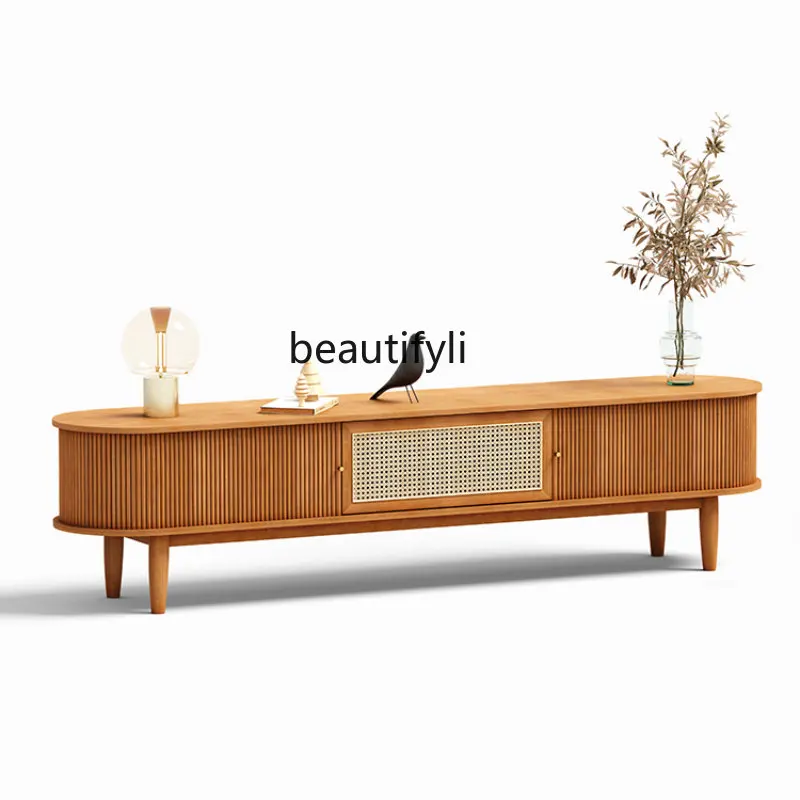 

yj Rattan Solid Wood TV Cabinet Floor Cabinet Nordic Living Room Storage Cabinet B & B Audiovisual Cabinet