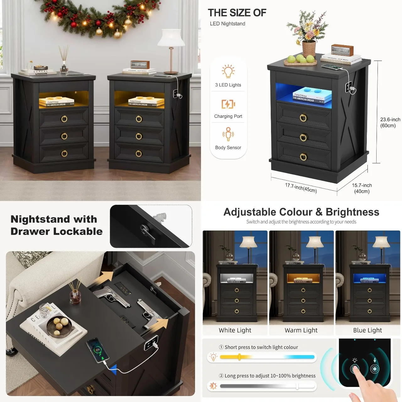 

2 Drawer Nightstand with Gun Safe,LED Charging Station & Sensor Light,Open Shelf End Table for Bedroom,Black,Customized