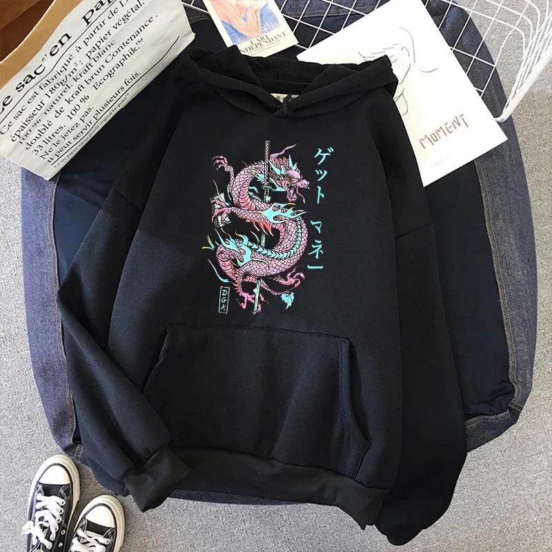 Dragon Print Hoodies Women Harajuku Letter Fashion Long Sleeved Clothing Vintage Ulzzang Casual Oversized Hooded Sweatshirt Tops