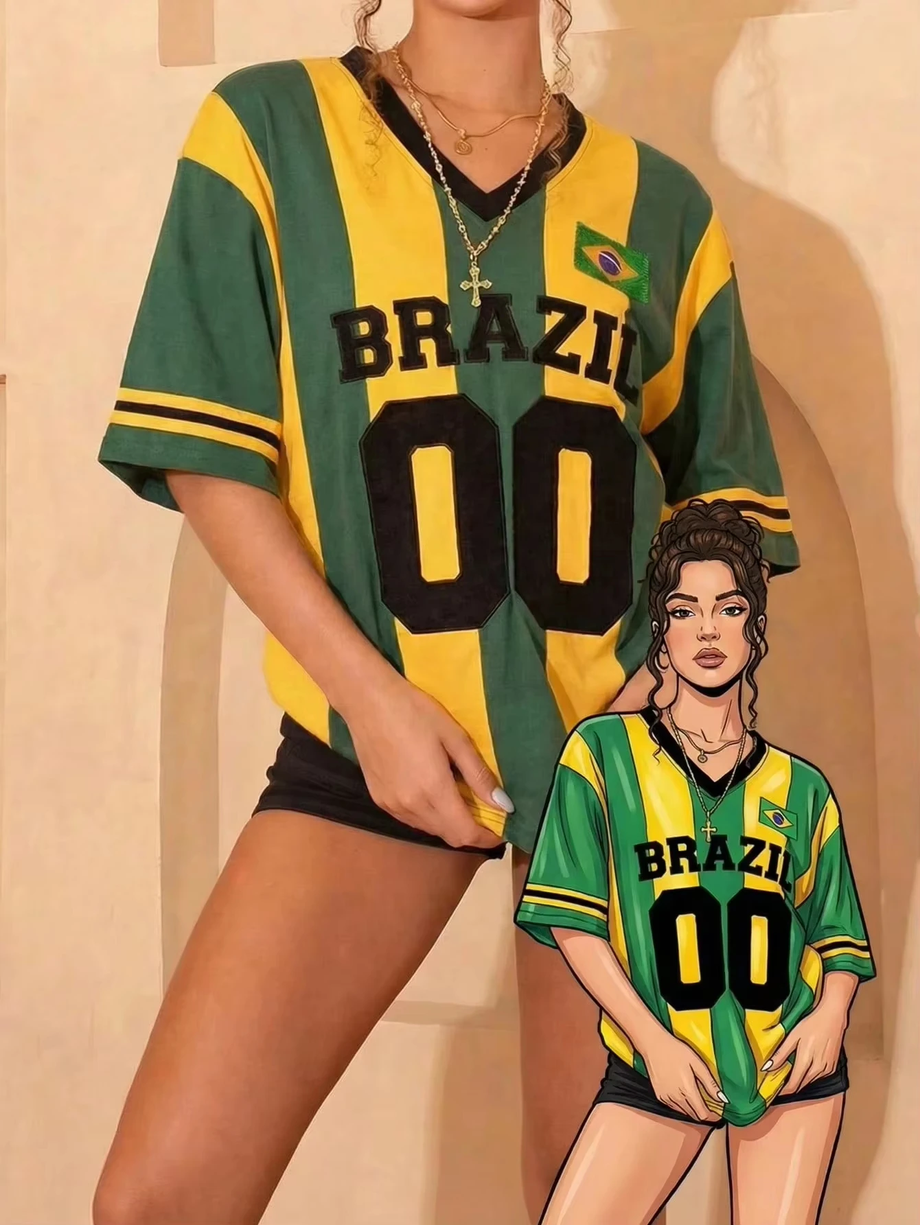 Fashion Y2K Brazil Style Jersey Green & Yellow Striped Print Loose T-Shirt Streetwear Style Sporty Stylish Tops Family Matching
