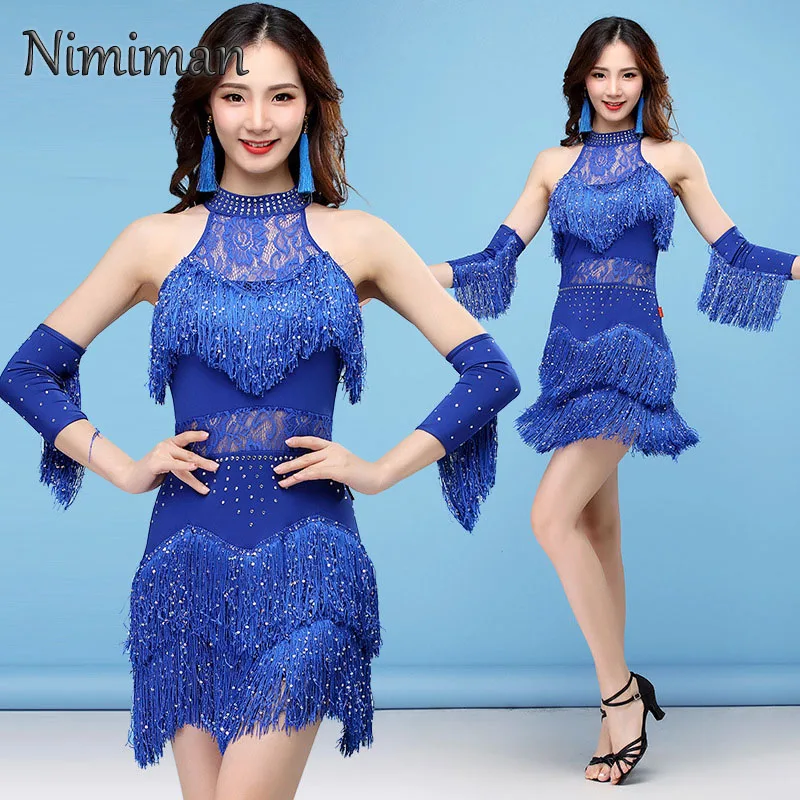 Latin Dance Dress Sequin Tassel Skirt+sleeves+safety Pants Four Piece Dress Social Dance Competition Performance for Adult Women