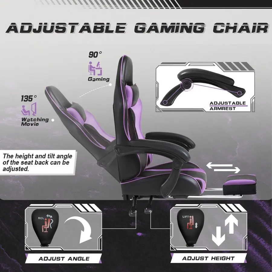 Gaming Chair with Footrest and Massage Lumbar Support, Computer Chairs, Video Racing Seat Height Adjustable with 360°Swivel and