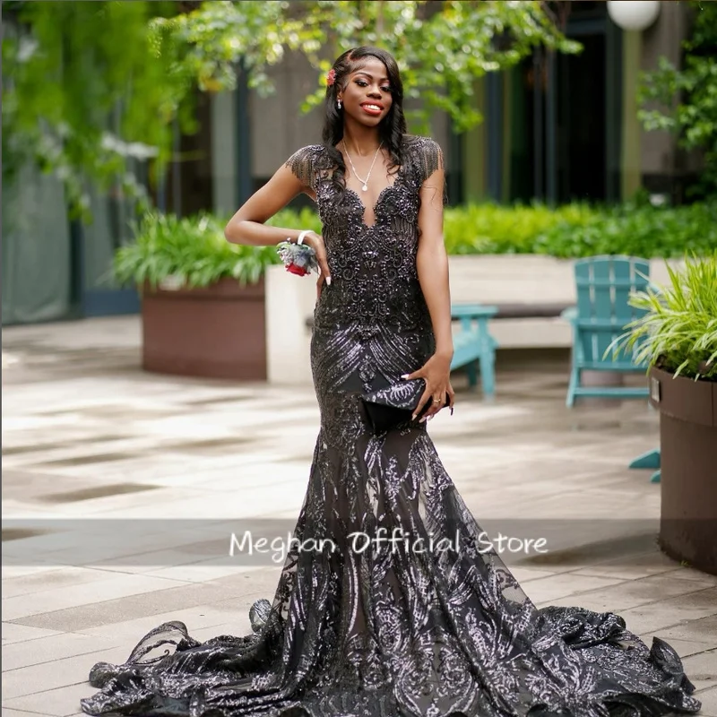 블랙 시스루 머메이드 프롬 드레스, 정교하고 우아한 비즈 장식, 하이 오픈 포크, 흑인 소녀 생일 파티 맞춤 제작