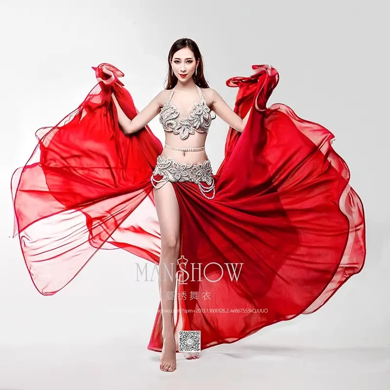 

customized size belly dance performance costume 2025 new set high-end customized bra belt waist chain large swing skirt set