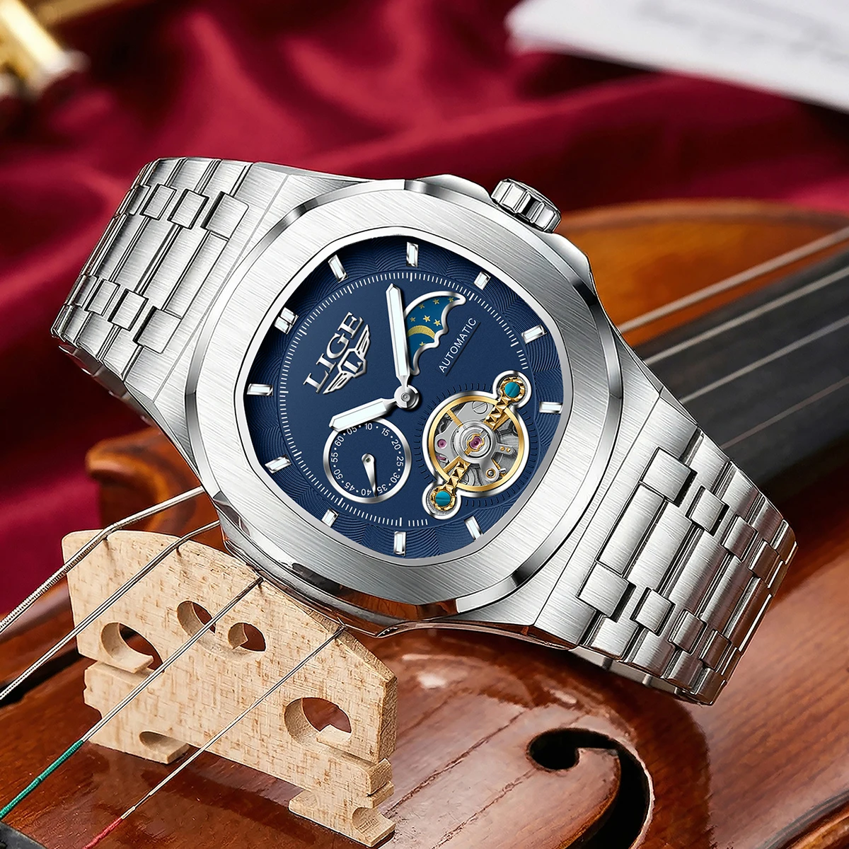 LIGE New Watches for Men Mechanical Watches Luxury Male Watch Business Clock Moon Phase Luminous Mens Wristwatch Reloj Hommes