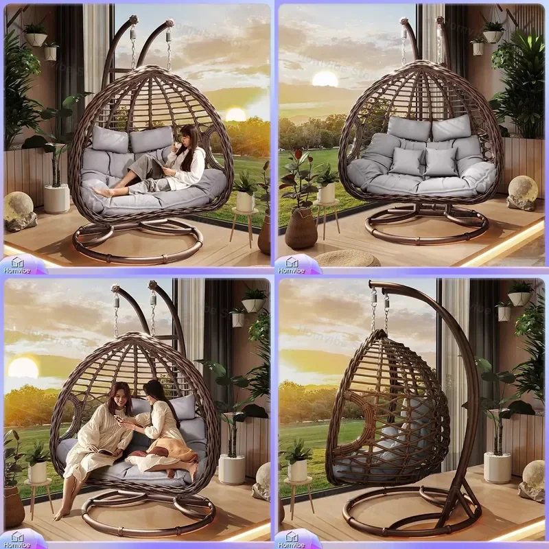 Outdoor Hanging Chair Double Swing Rattan Basket Seat for Balcony Patio Garden Indoor Nest Rocking Egg Chair Furniture Decor