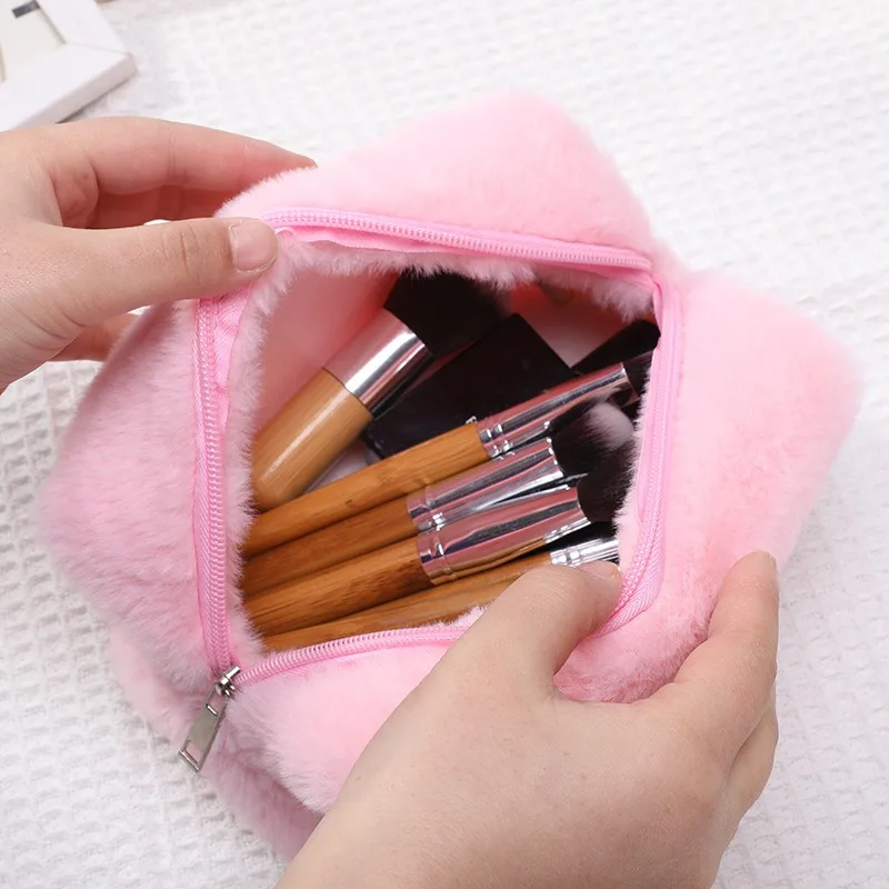 High-end Leopard Print Plush Makeup Pouch Hand-held Portable Women's Large Capacity Travel Storage Pencil Case