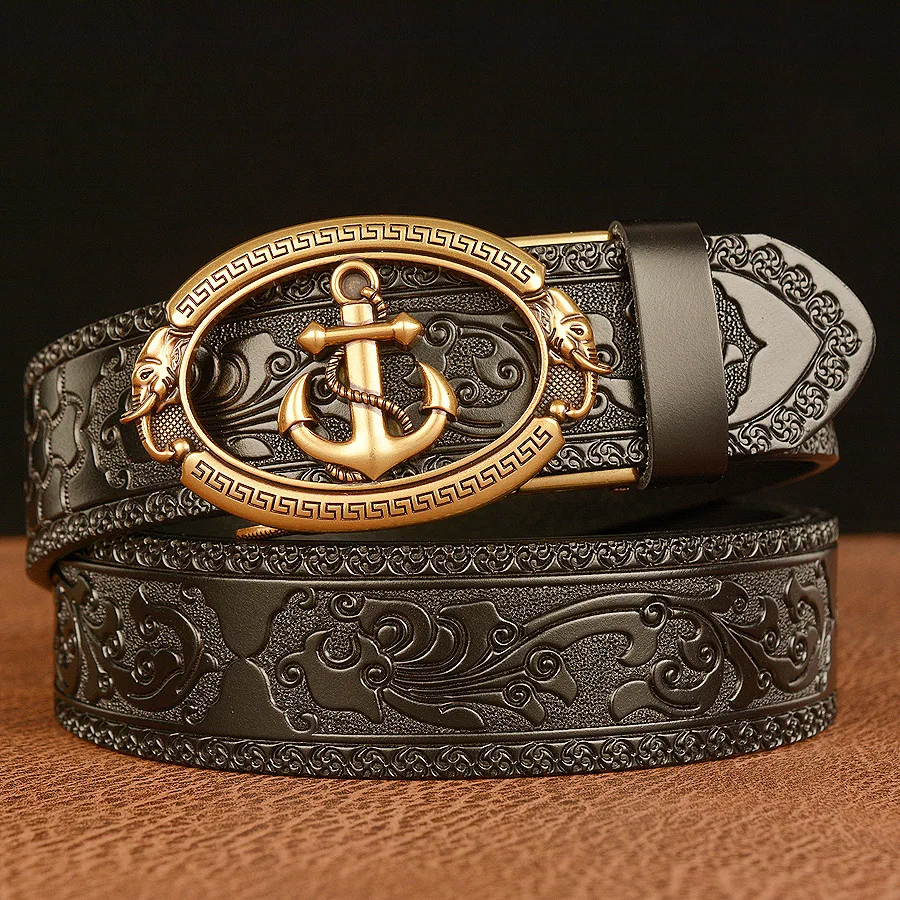 

Luxury Navy Metal Automatic Buckle Cowhide Belts Men's Classic Retro Genuine Leather Waistband Male Business Jeans Waist Straps