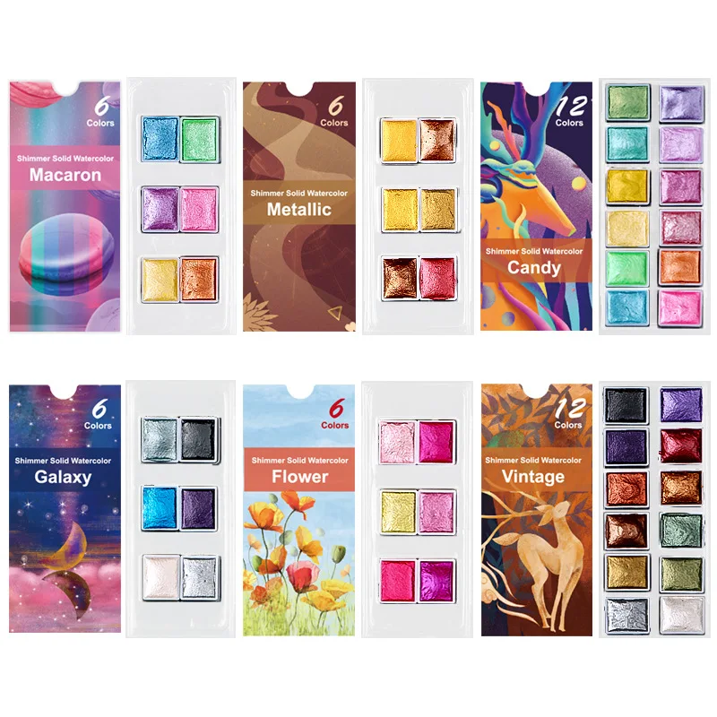 Pearlescent Solid Watercolor Paints 6/12 Colors Pearlescent Pigment Art Metallic Glitter Acuarela School Stationery
