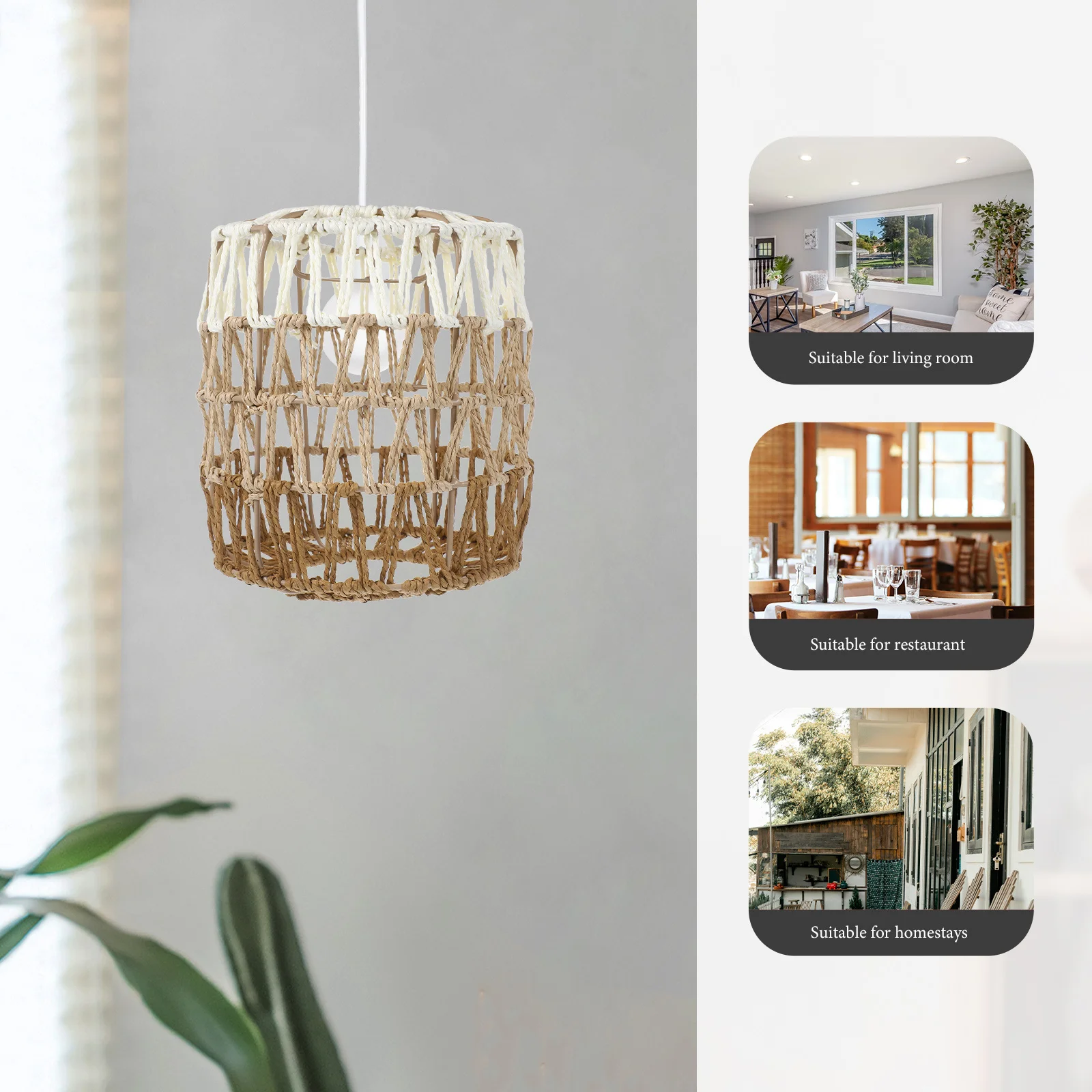 

-Color Gradient Rattan Pendant Lamp Shade Woven Boho Lighting Fixture for Living Room Dining Kitchen Island Vintage Rustic