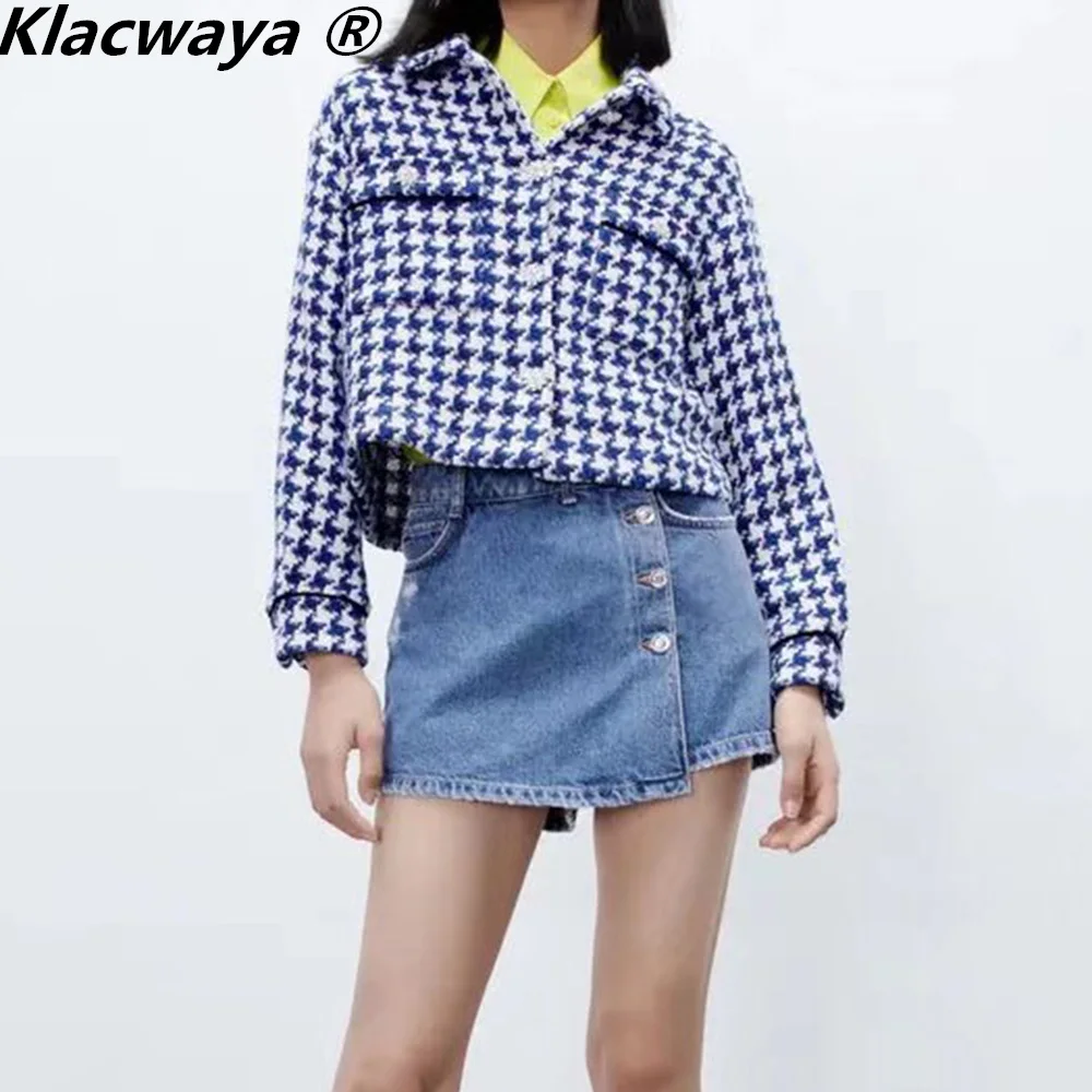 

Klacwaya Women Jackets For Women 2022 Jewelry Setting Plaid Tweed Jacket Woman Clothes Casual Pockets Shirt Jacket Coat