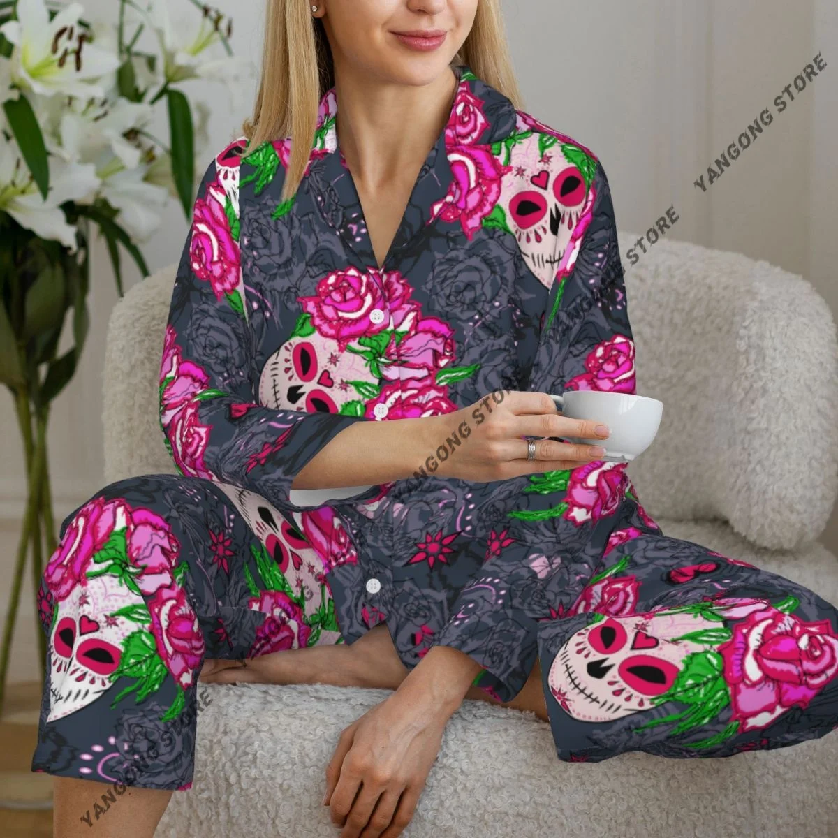 Spring and Autumn Long Sleeve Pants Pajamas Loungewear Set Sugar Skull And Roses Women's Pull Edge Loose Sleeping Suit