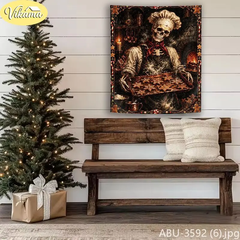 VIKAMA Creepmas Skeletal Sweethearts Lantern Luna Crucifix Wall Tapestry Shadowy Victorian Cemetery Noel Festal Room Home Decor