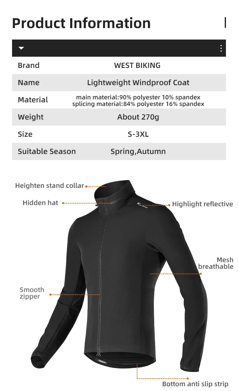 WEST BIKING Herren-Fahrradjacke, leichte, winddichte Fahrradjacke, atmungsaktive Frühlings- und Herbstjacke, Windbreaker mit Kapuze, Sportbekleidung. – Detail 2