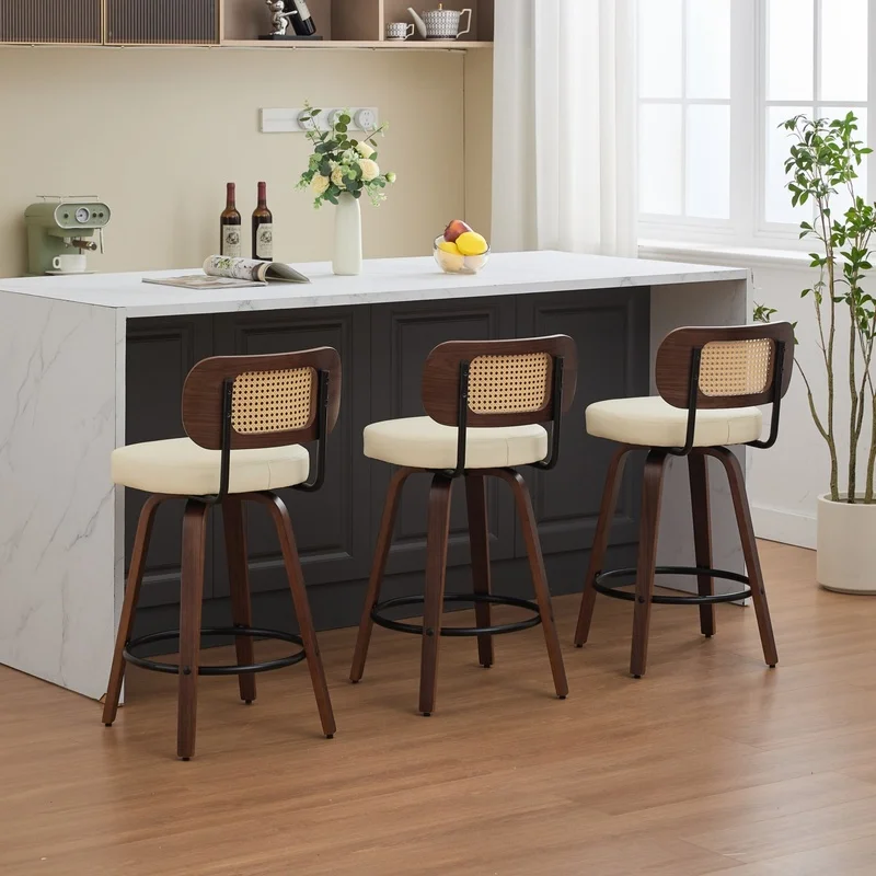 

3-Piece Counter Height Bar Stools, 26" Rattan with Cane Back, Upholstered Seat, Walnut Finish, Swivel Design for Kitchen Island or Bar (Walnut/Beige)