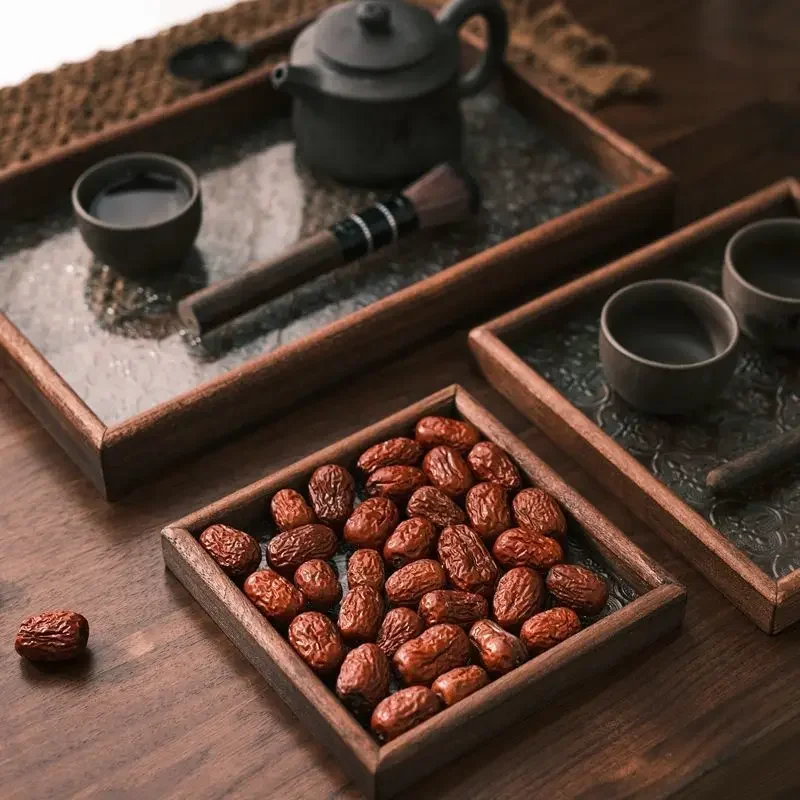 Vintage Wood Frame Glass Bottom Plate Geometric Tray Household Snacks Storage Box Tea Tray Dried fruit Dim Sum Plate Decoration