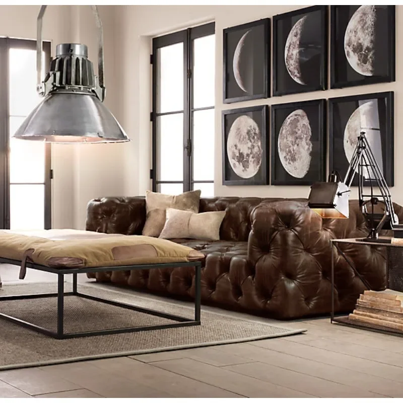 Italian modern light luxury French rural retro solid wood furniture pull button wax oil leather sofa