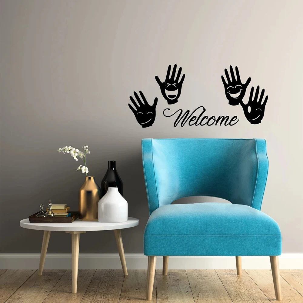 Welcome Vinyl Wall Decal Welcome Hands Positive Wall Sticker Room Home Decor Phrase Words Stickers Window Decor Wallpaper S125