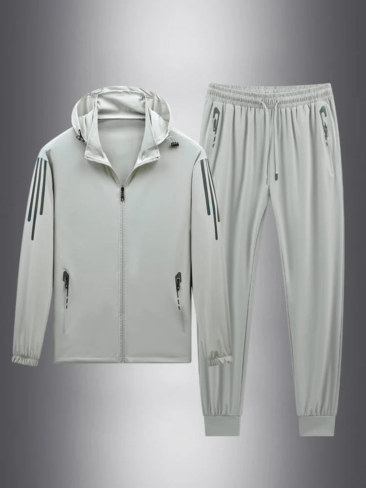 men's-summer-thin-breathable-sun-protection-hat-set-running-elastic-quick-dry-casual-sports-ice-silk-two-piece-set