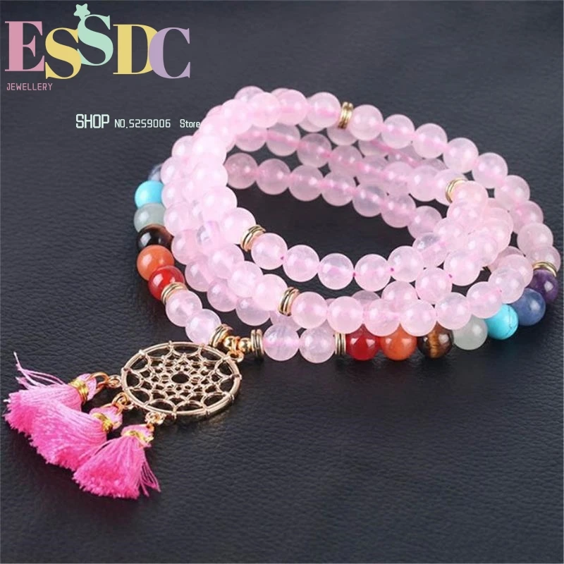 

Indian Dreamcatcher Pendant 108 Rosary 8mm Beads Natural Pink Crystal Stone 7 Chakra Yoga Bracelet for Women Meditation