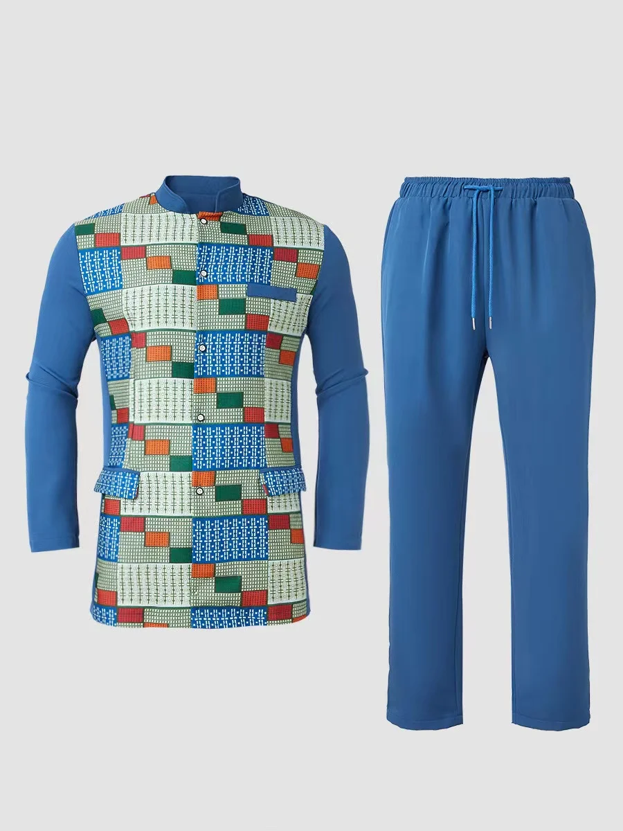 Men's African Kaftan Set, Long Sleeve Round Neck Blouse & Pants Elegant Muslim Wedding Party 2 Piece Suit for Men