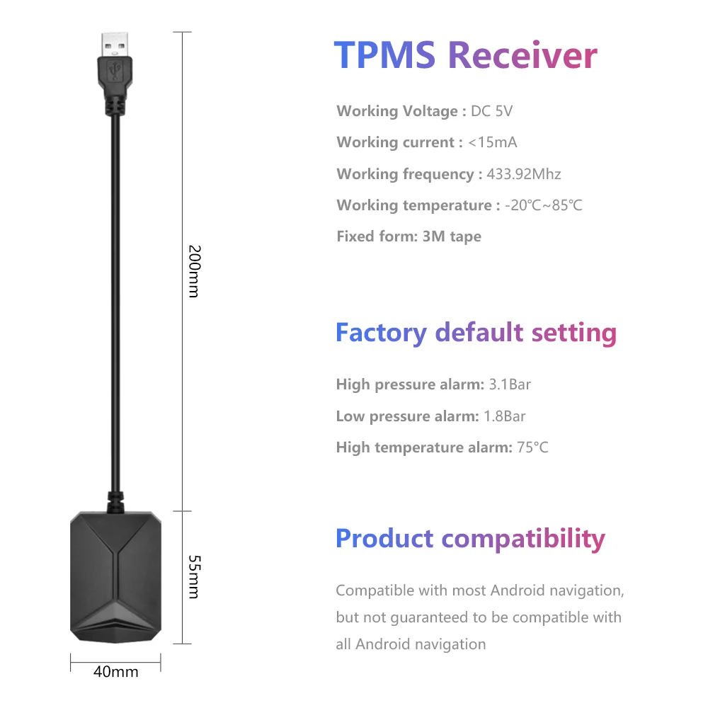 JMCQ USB TPMS Car Tire Pressure Alarm Monitor System For vehicle Android player Temperature Warning with four sensors