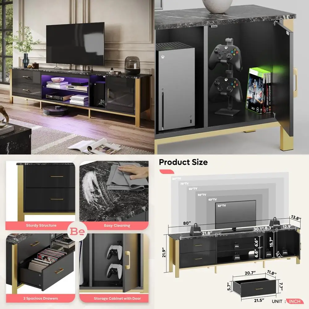 Modern Entertainment Center for 75-90 Inch TVs, LED Gaming TV Stand, Glass Shelves Living Room Furniture