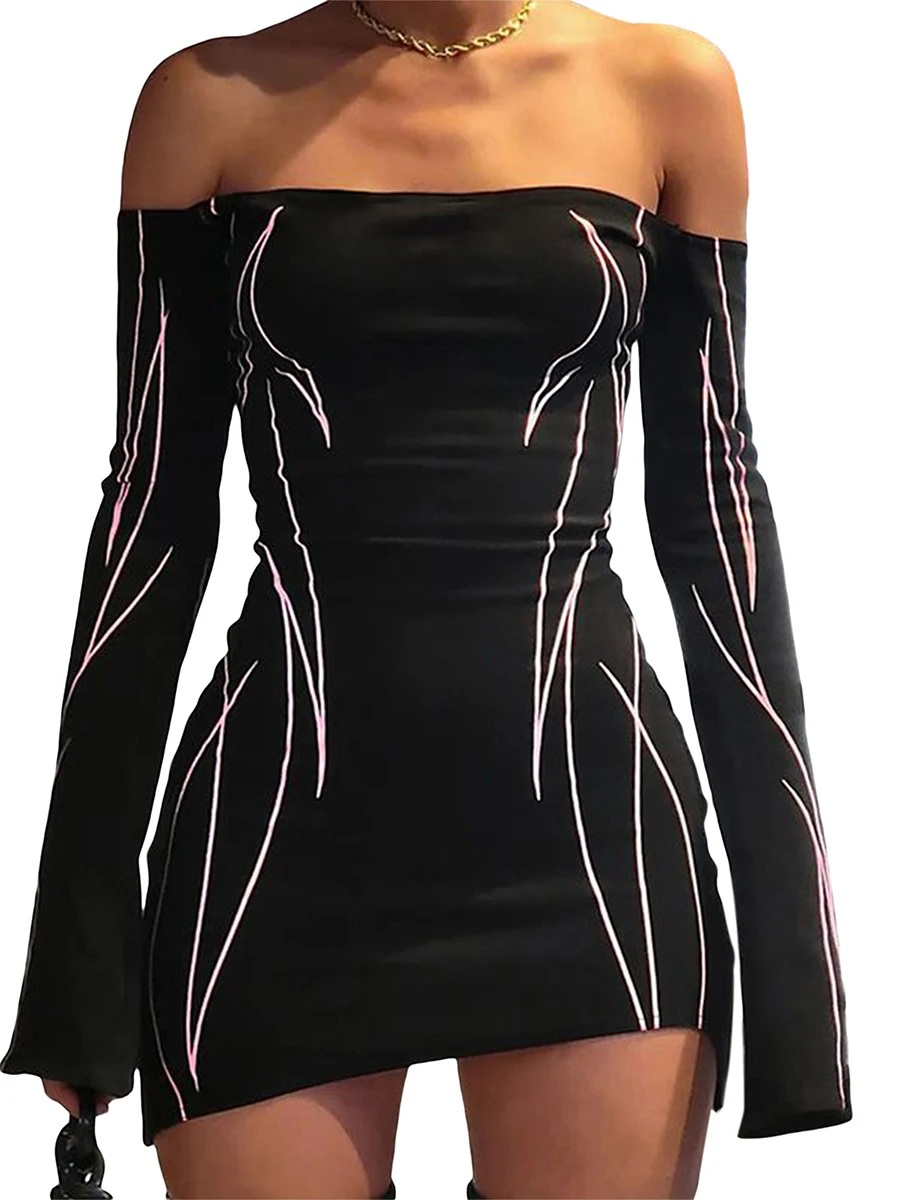 

Women Y2K Off Shoulder Mini Dress Long Sleeve Bodycon Short Dress Fairy Going Out Dress Party Cocktail Clubwear