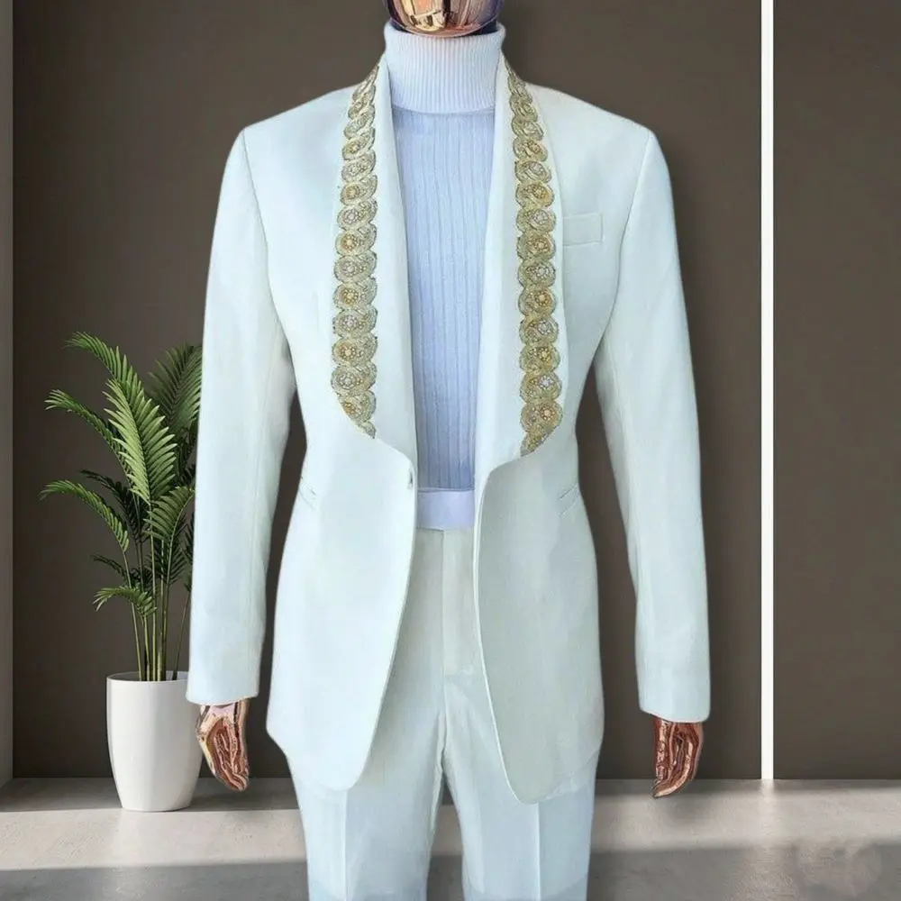 Luxury Men Beaded Wedding Suits Separates 2 Pieces Groom Tuxedo Slim Fit Evening Wear Prom Party Ceremony Special Occasions