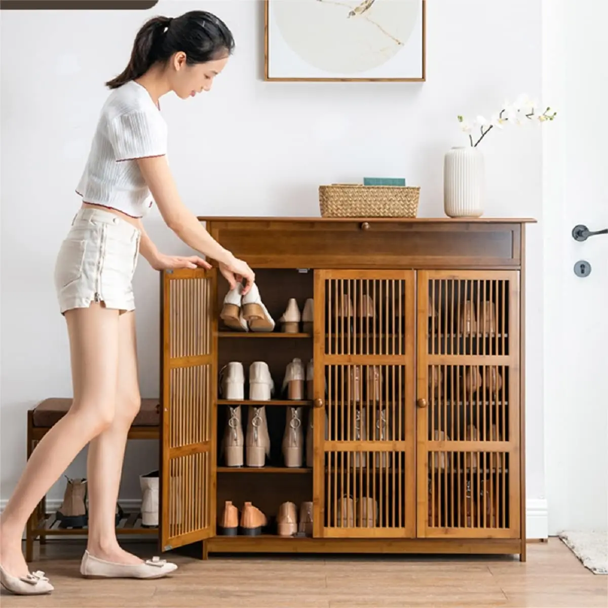 منظم خزانة تخزين الأحذية من الخيزران Gdrasuya10، خزانة أحذية للمدخل 4 طبقات منظم رف الأحذية مع أبواب مناسبة لـ H