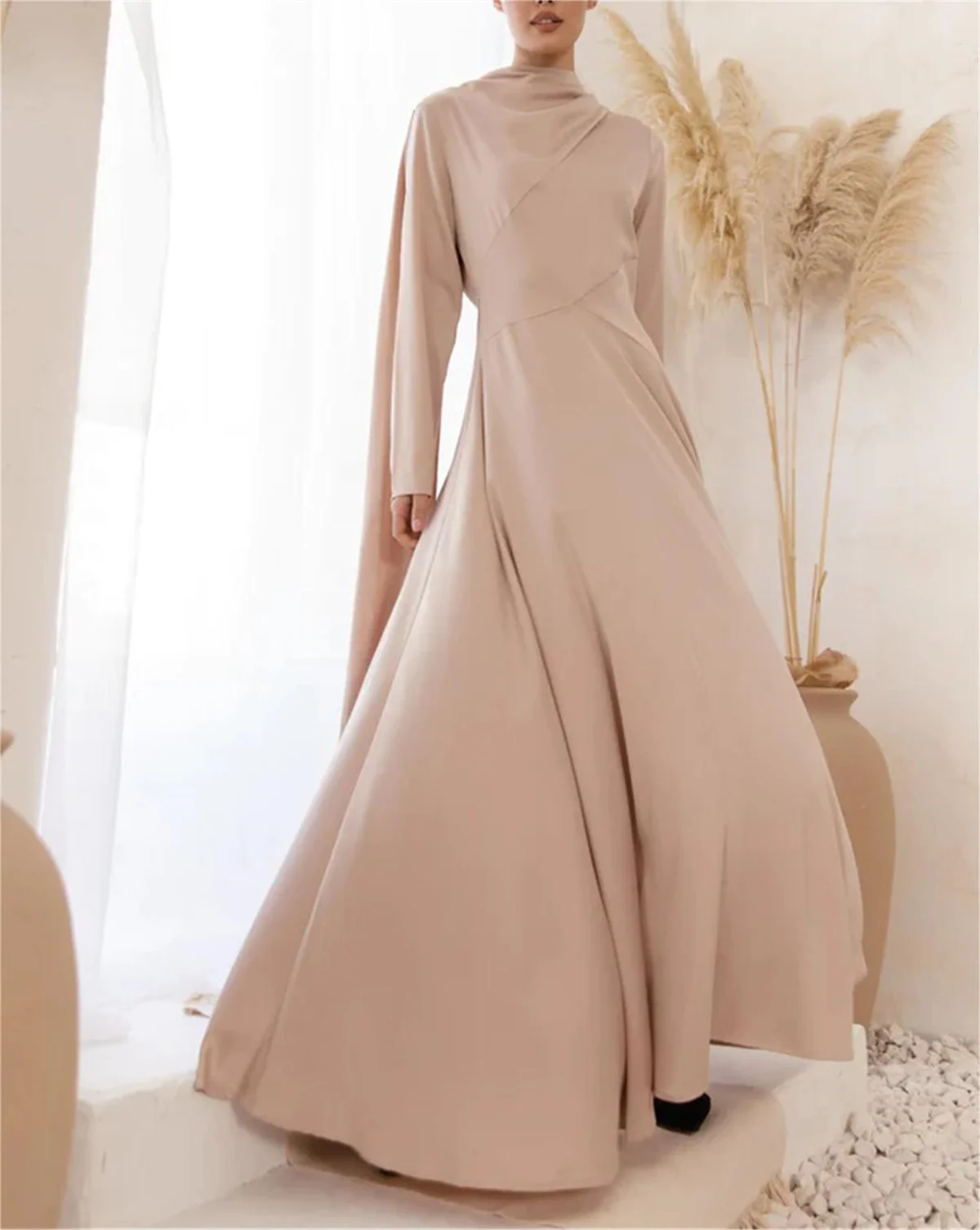 Simple Wedding Dress High Neck Long Sleeves Shawl Ankle Length Pulled Pleated Chiffon Pink Muslim Evening Dress Vestido De Noiva