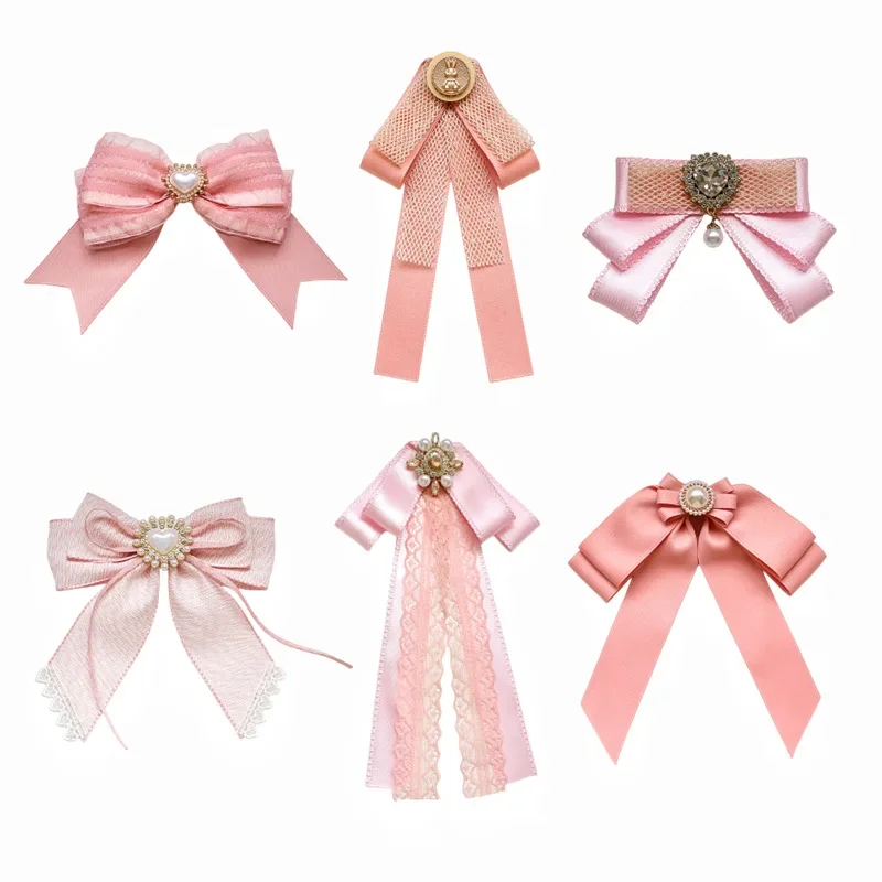 Spille con fiocco in tessuto coreano per le donne spille con colletto di perle di cristallo solido di pizzo rosa accessori per Badge di gioielli di