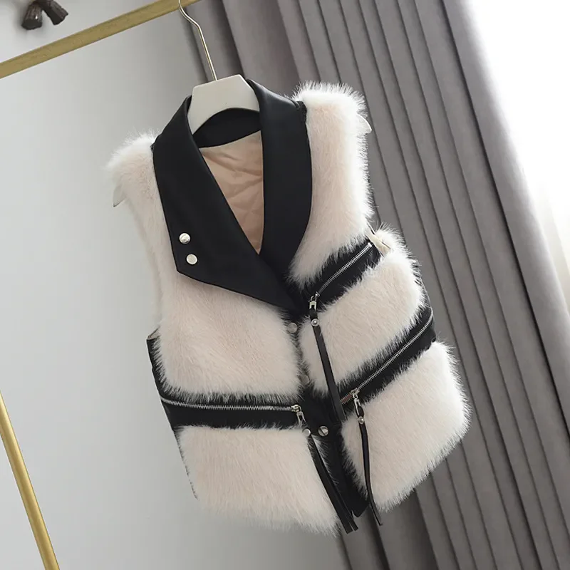 Fluffy Warm Faux Fur Waistcoat Jacket Women Street Splicing Sleeveless Loose PU Jackets Autumn Winter Fashion Thicken Lady Coat