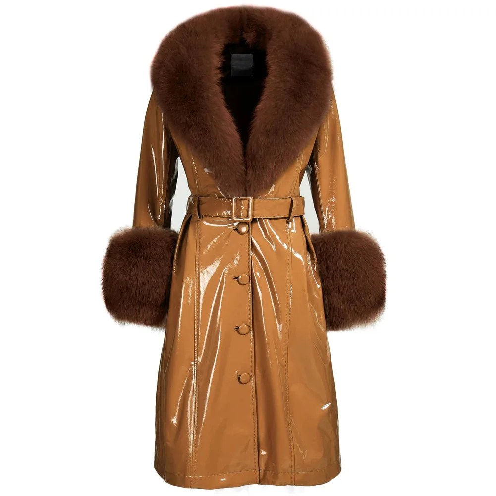 

Denny& Dora Brown Long Women Real Fox Fur Collar Genuine Leather Coat Trench Plus Size Coat