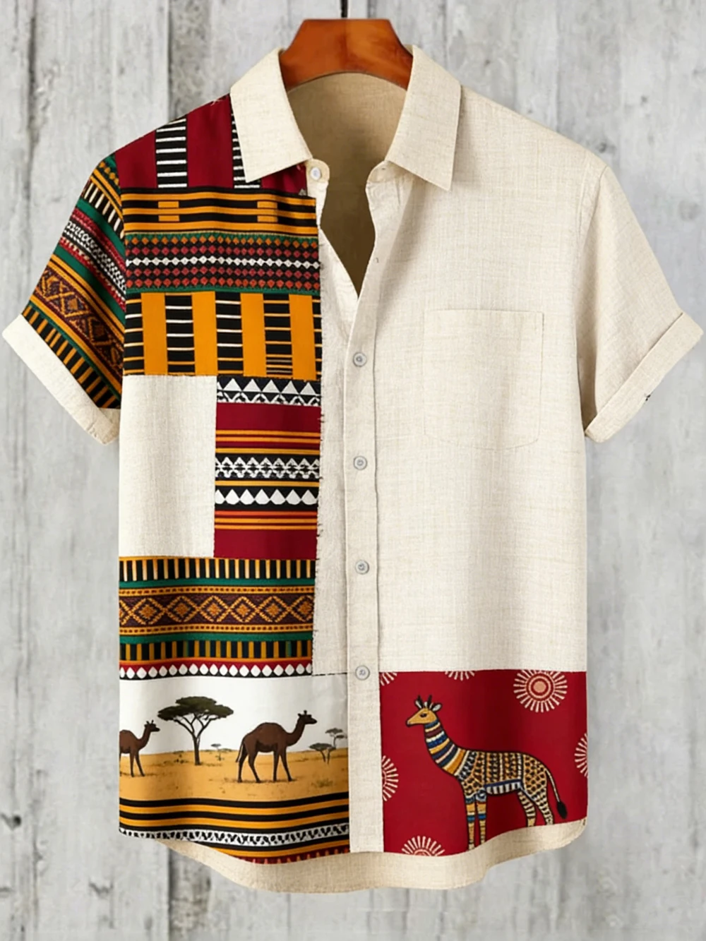 Men's Linen Short Sleeve Shirts with Funny Animal Ethnic Patterns