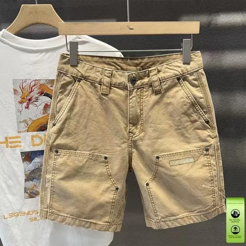 

Высококачественная рабочая одежда цвета хаки, мужские модные свободные прямые летние тонкие повседневные джинсы средней длины с пятью точками в японском стиле ретро