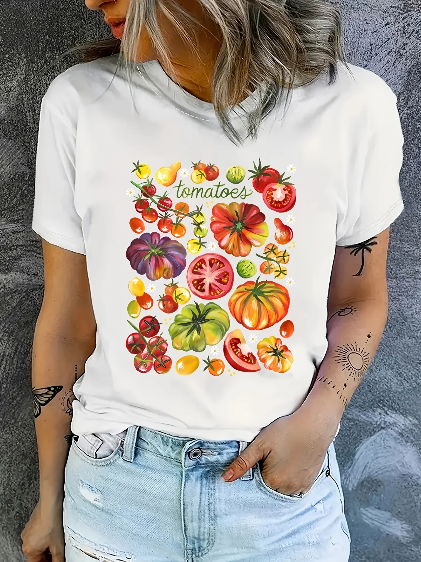 Camiseta informal con estampado de tomate y vegetales vibrantes para mujer, mezcla suave, cuello redondo, manga corta, lavable a máquina, perfecta para