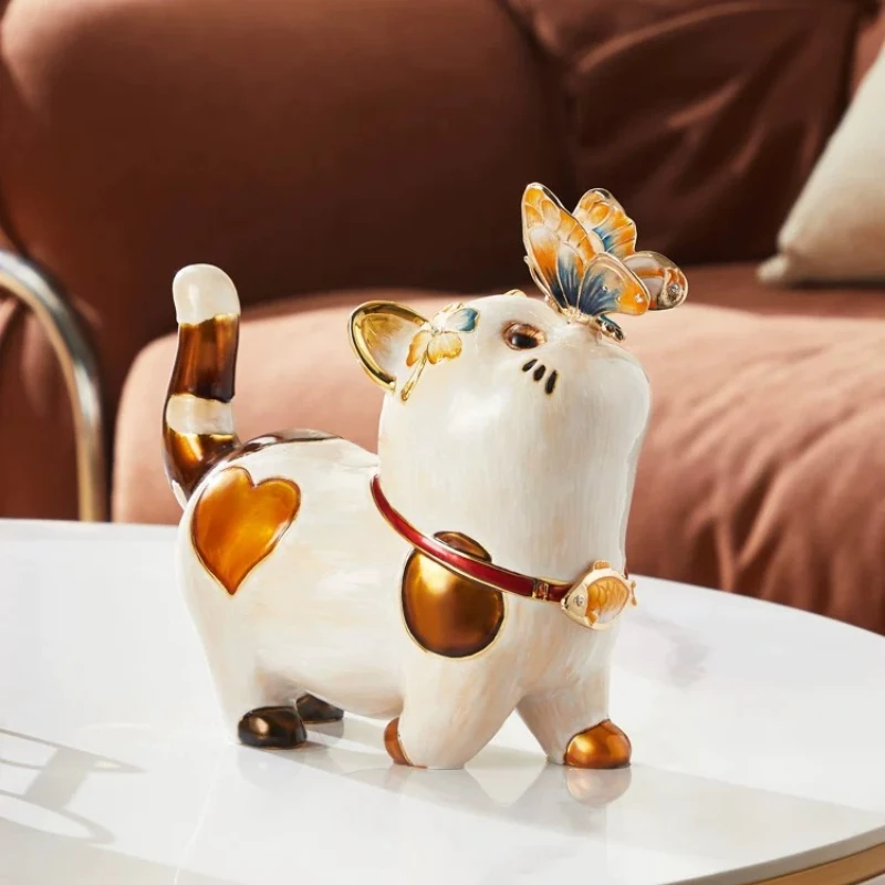 Lucky Cat Ornament Enamel Luxury Modern Home Decor Cute Cat Figurine for Living Room Desktop Decoration Household Goods