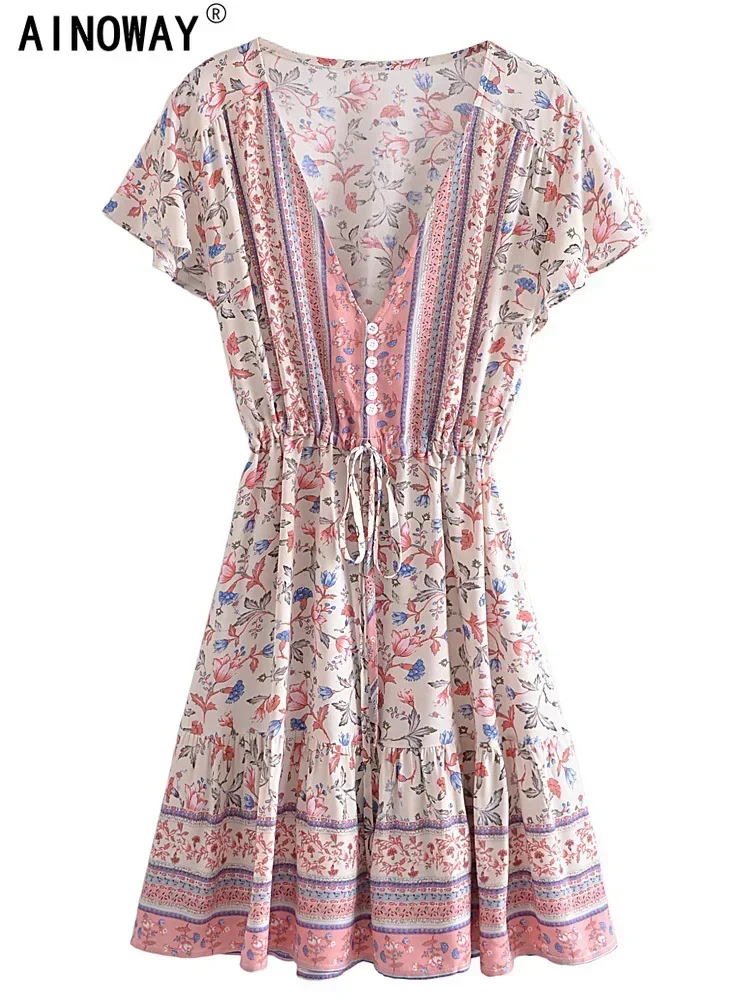 Vintage Women Pink Floral Print Short Sleeve Beach Loose Bohemian Mini Dress Ladies V-neck Rayon Cotton Boho Dresses Vestidos